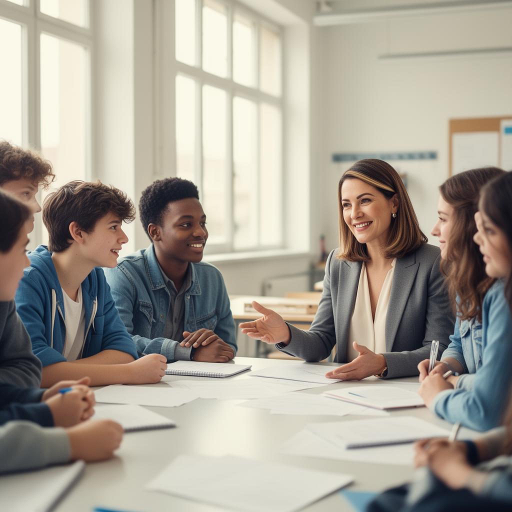 Groupe de jeunes en atelier d'orientation, échangeant avec joie